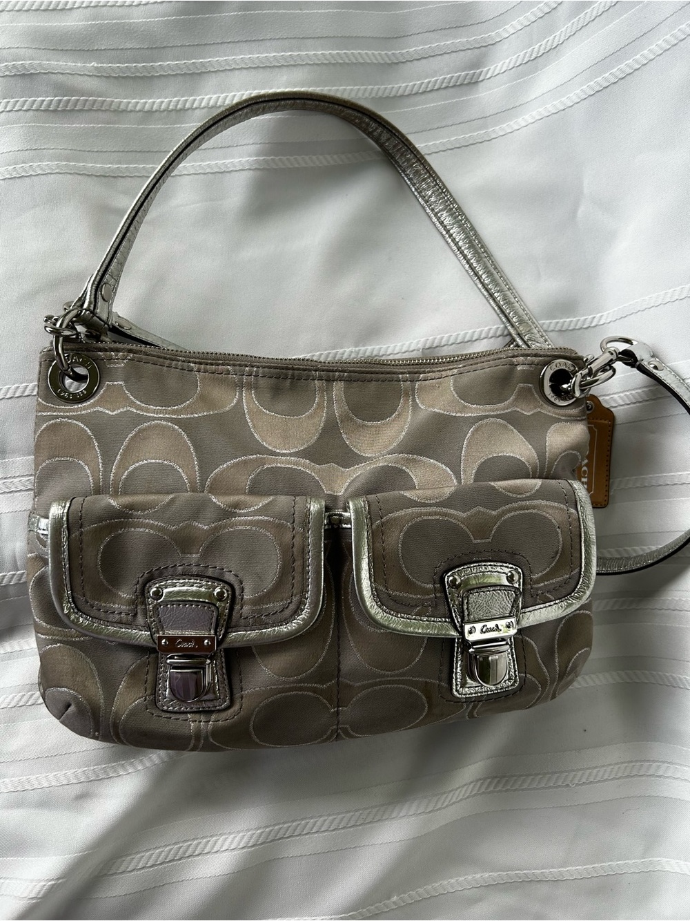Coach Poppy Crossbody Shoulder Bag Gray Beige Sateen Silver Leather Buckles Pink